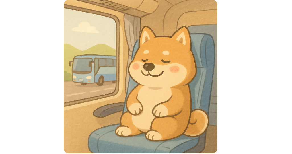 柴犬が高速バスの座席でリラックスしているイラスト