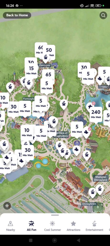 アプリで見た上海ディズニーランドの待ち時間