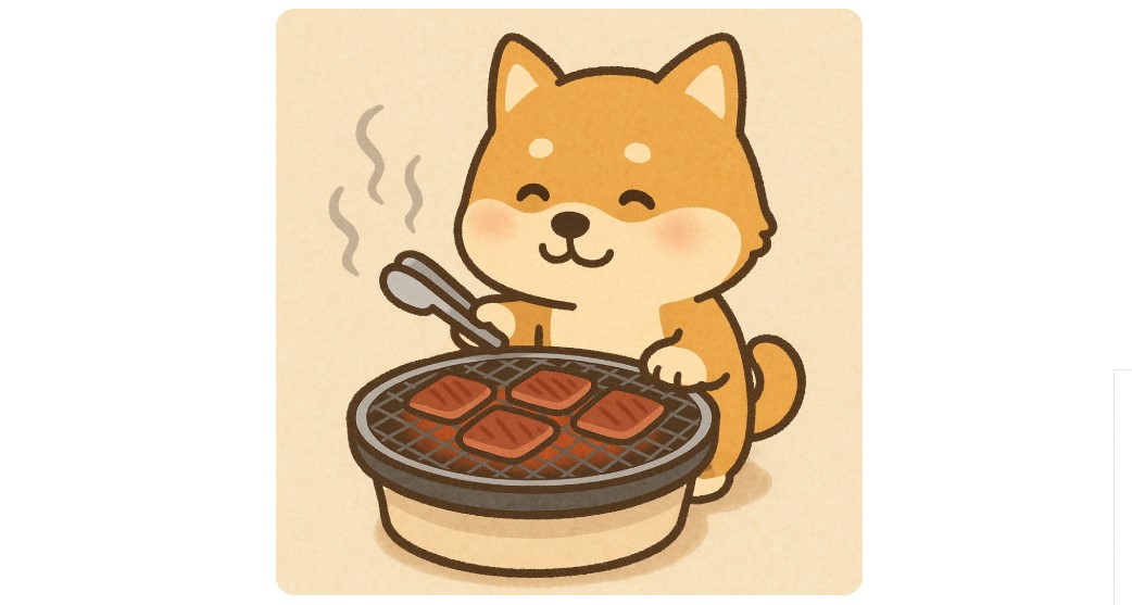 笑顔の柴犬が七輪で焼肉を焼いている可愛いイラスト